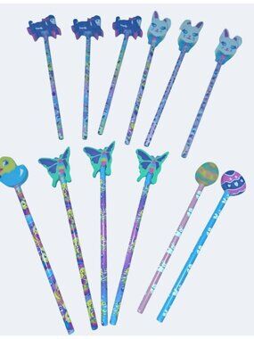 Set Of 12 Vintage Lisa Frank Pencils Rubber Toppers: Lamb Bunny Butterfly Duck E